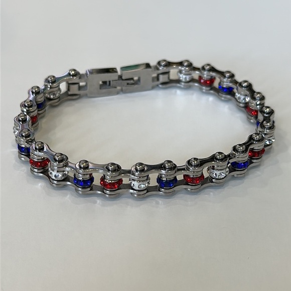 Red, White, and Blue Stone Mini Bike Chain Stainless Steel Bracelet - Picture 1 of 4
